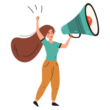 Kızgın kadın megafon / hoparlör tutuyor, yumruğunu kaldırıyor ve bağırıyor ya da yüksek sesle bağırıyor. Protestocu ve aktivist konsept çizimi vektör düz tarzı.
