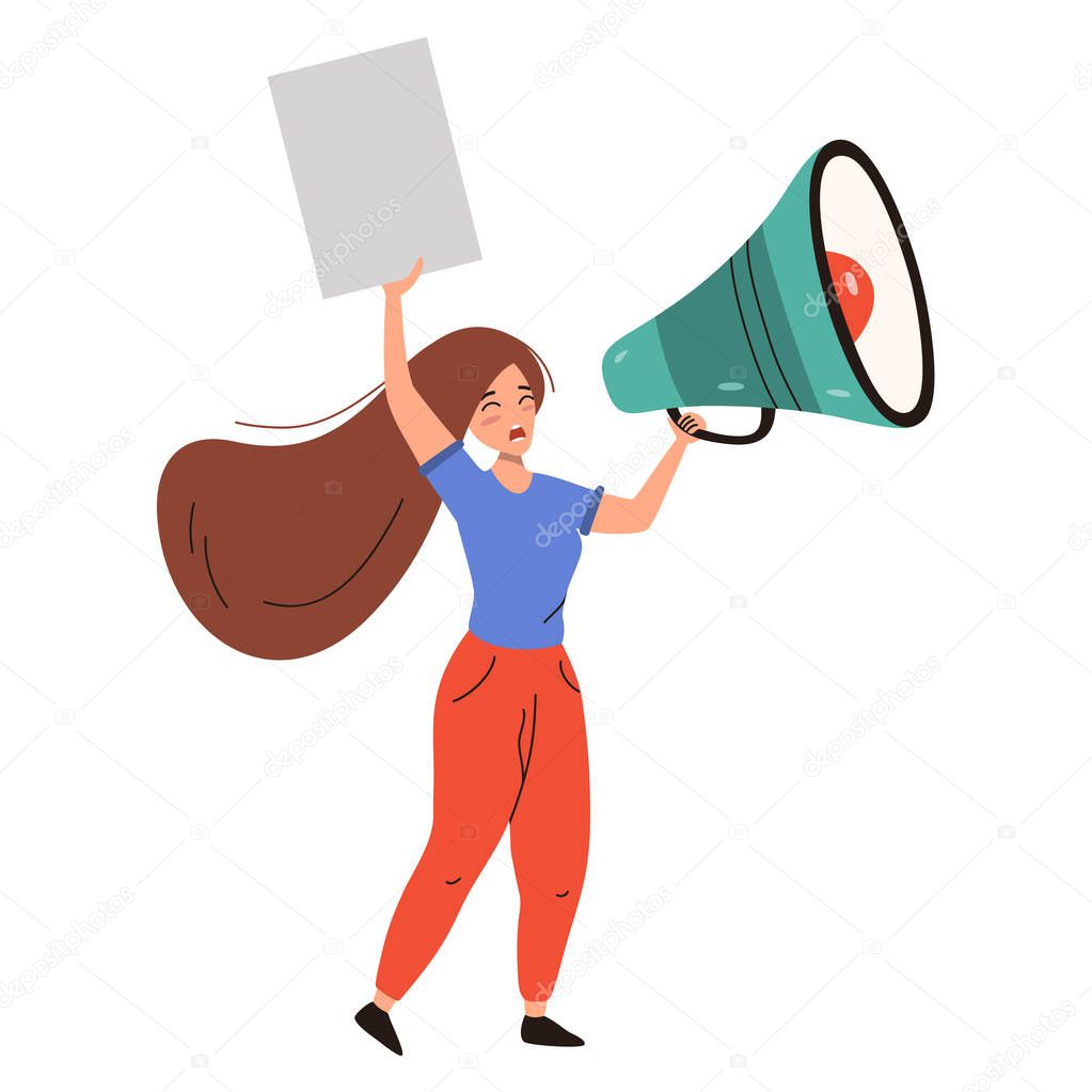 Woman shouting in loudspeaker and holding placard. Vector flat illustration isolated on white background.