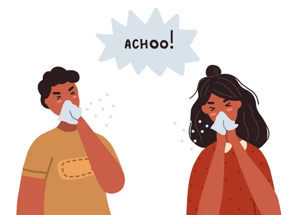 Hombre Mujer Estornudando Sus Tejidos Concepto Prevención Del Coronavirus Ilustración — Vector de stock