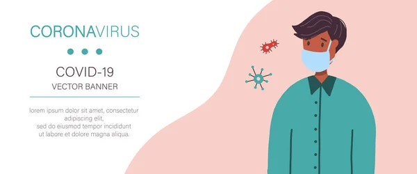 Coronavirus Vektör Pankartı Virüsün Yayılmasını Önlemek Için Tıbbi Maske Takan — Stok Vektör