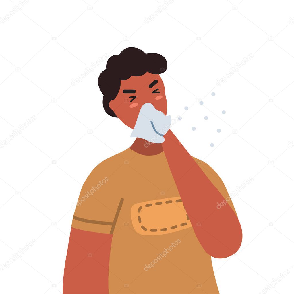 Man coughing or sneezing into a tissue. Concept of coronavirus prevention. Vector flat illustration isolated on white background.