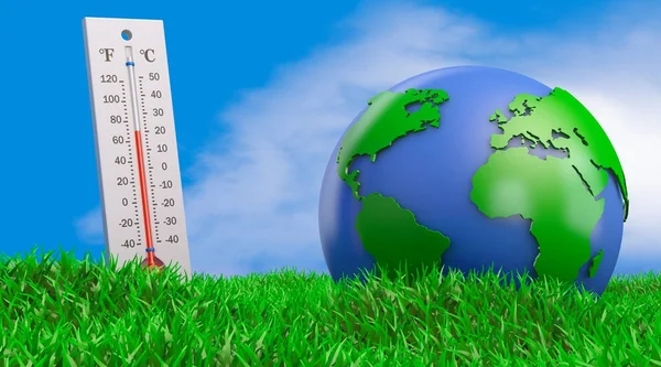 Thermometer and globe on the grass — Stock Photo, Image