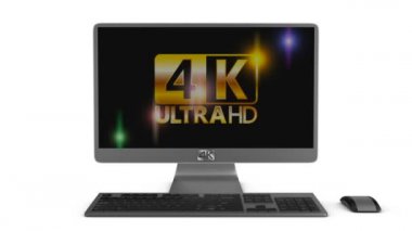 klavye ve fare, beyaz arka plan üzerinde 4 k Monoblok monitör. 3D render.