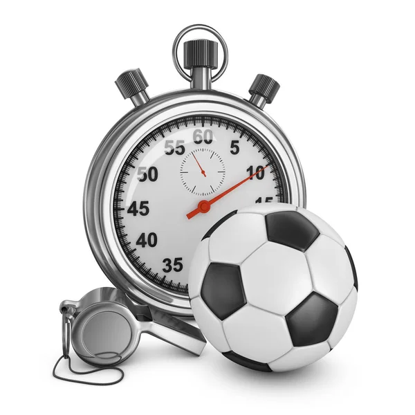 Soccer ball, referee whistle and stopwatch — Stock Photo, Image
