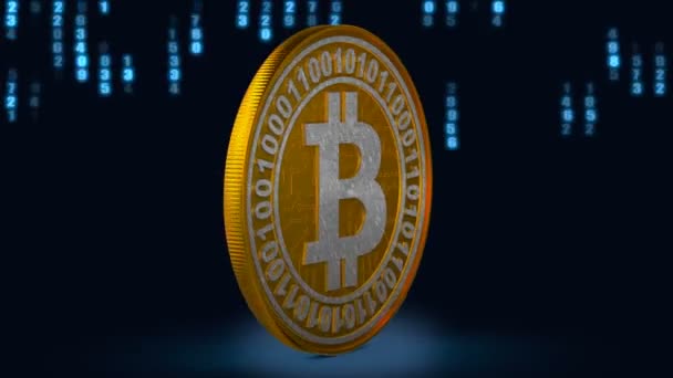 Pièce Bitcoin Sur Fond Code Binaire Rendu — Video