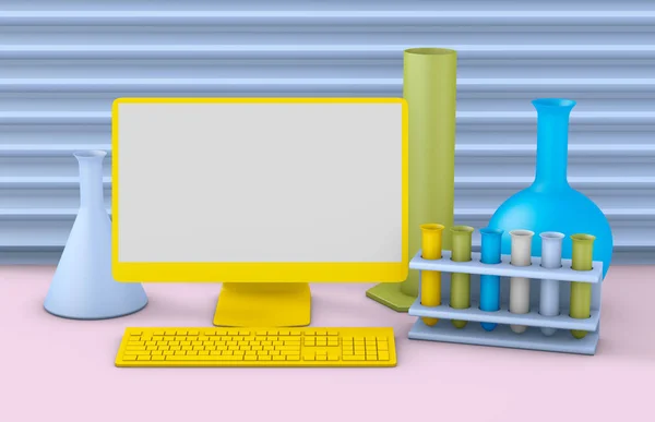 Yellow computer  and chemical tubes — Stock Photo, Image