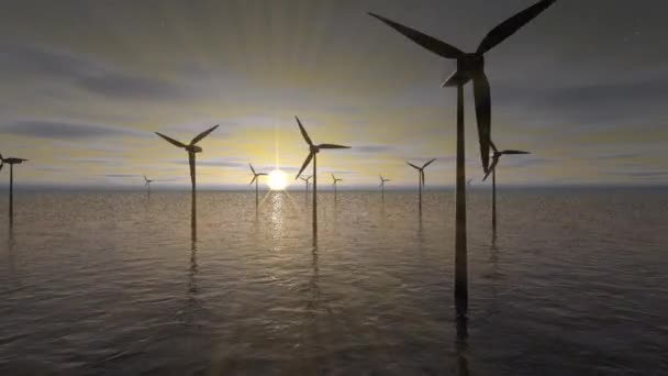Des Éoliennes Dans Mer Coucher Soleil Rendu — Video