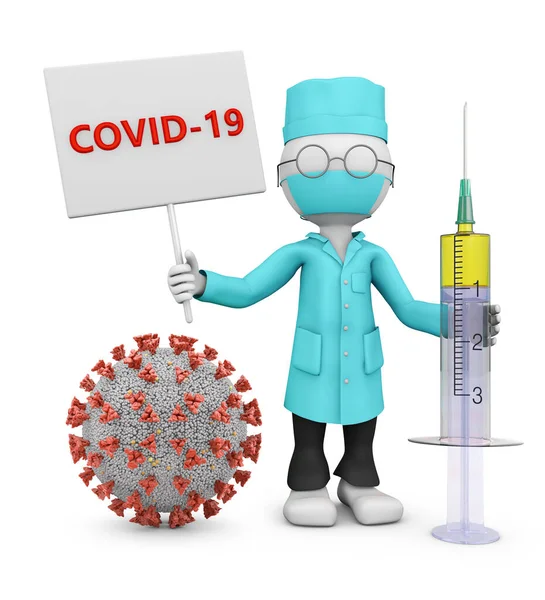 マスク医師はコロノウイルスの隣にCovid 19と書かれた看板を掲げている 3Dレンダリング — ストック写真