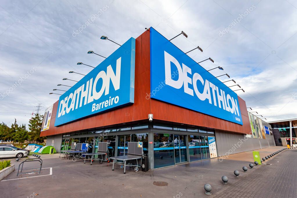 Coina, Portugal - October 23, 2019: Entrance of the Decathlon store in the Barreiro Planet Retail Park. Decathlon is a French company and the largest sporting goods retailer in the world
