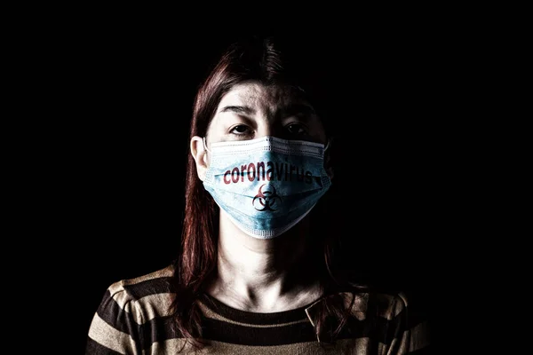 Femme Avec Masque Chirurgical Biohazard Coronavirus Alias Symbole Covid Pandémie — Photo