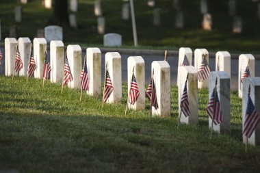 Arlington National Cemetery Memor üzerinde bayraklar ile mezar işaretleri
