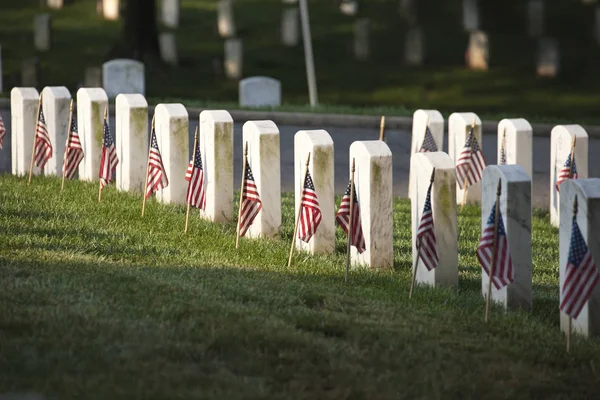 Grave markers with flags at Arlington National Cemetery on Memor — Stock Photo, Image