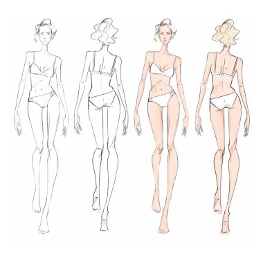 Öndeki ve arkadaki kadın figürleri beyaz arka planda izole edilmiş. Kıyafet tasarımcıları için moda skeci. Beyaz iç çamaşırı giyen moda kızları. Elle çizilmiş Stok illüstrasyonu.