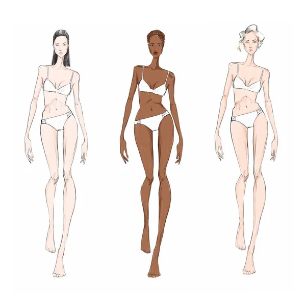 Kadın figürleri beyaz arka planda kıyafet tasarımcıları için izole edilmiş. Moda skeci. Beyaz iç çamaşırı giyen moda kızları. Asyalı, Afroamerikalı ve Avrupalı kadınlar. Stok illüstrasyonu.