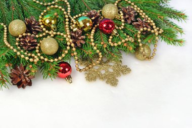 Yılbaşı süsleri ve Ladin şube ve koniler bir beyaz