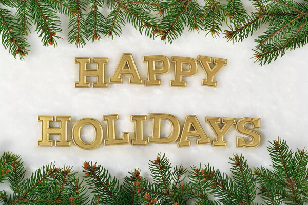 С праздником золотой текст и елки ветви на белом
