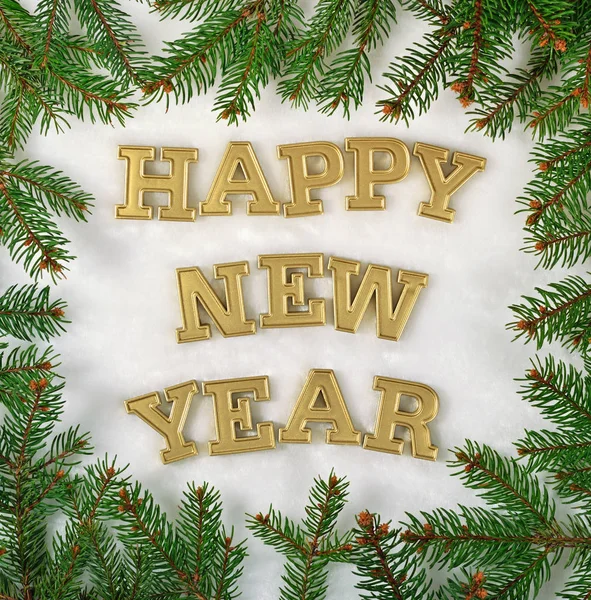 Feliz Ano Novo texto dourado e ramo de abeto em um branco — Fotografia de Stock