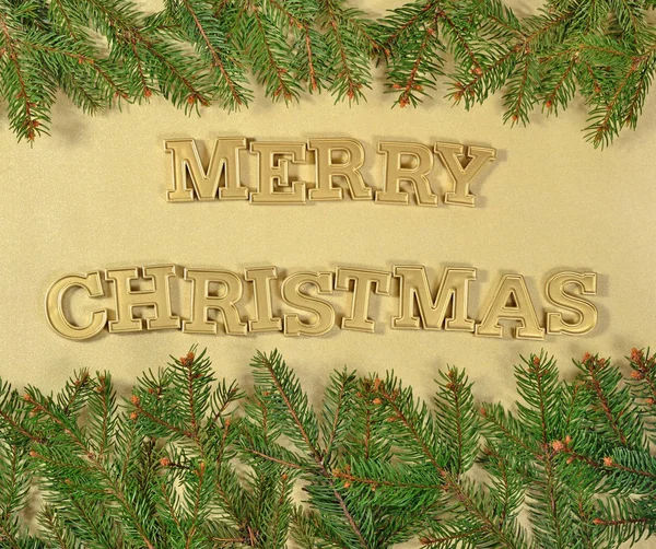 Vidám karácsony arany szöveg és Luc ág — Stock Fotó