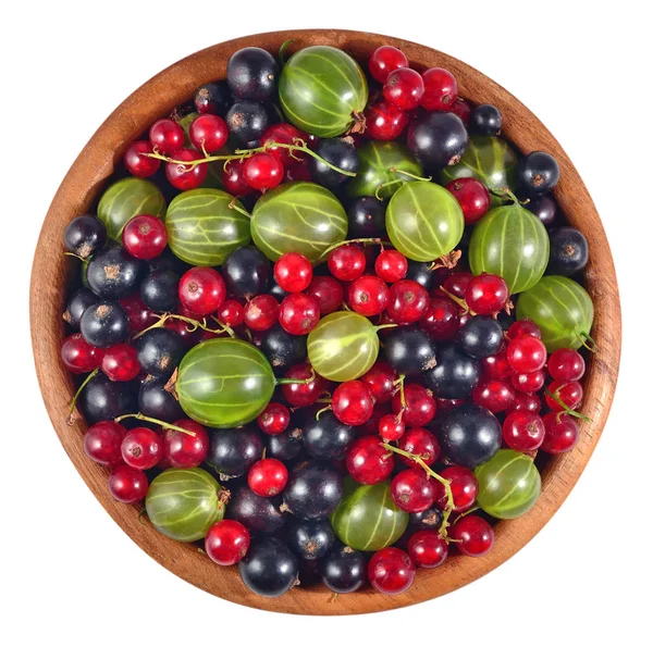 Różnego rodzaju świeże jagody w drewniane miski na białym — Zdjęcie stockowe