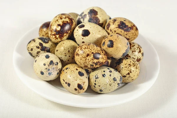 Quail eggs in a white bowl in a sacking — Stock Photo, Image