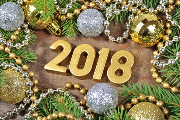 2018 year golden figures and Christmas decorations — Stock Photo, Image