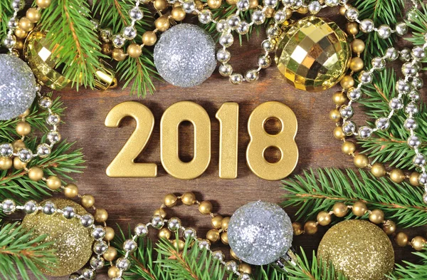 2018 year golden figures and Christmas decorations — Stock Photo, Image