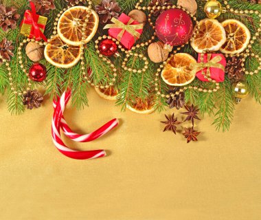 Kurutulmuş portakal ve koniler, Noel süsleri ve spruse Şubesi