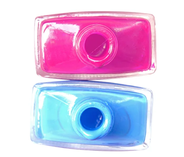 Aislamiento de botellas abiertas con esmalte de uñas de color vista superior (ruta de recorte ) — Foto de Stock