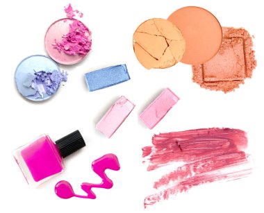 kozmetik ve makyaj. Araçlar için profesyonel bir üstten görünüm olun. Beyaz bir arka plan üzerinde