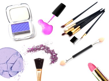 kozmetik ve makyaj. Araçlar için profesyonel bir üstten görünüm olun. Beyaz bir arka plan üzerinde