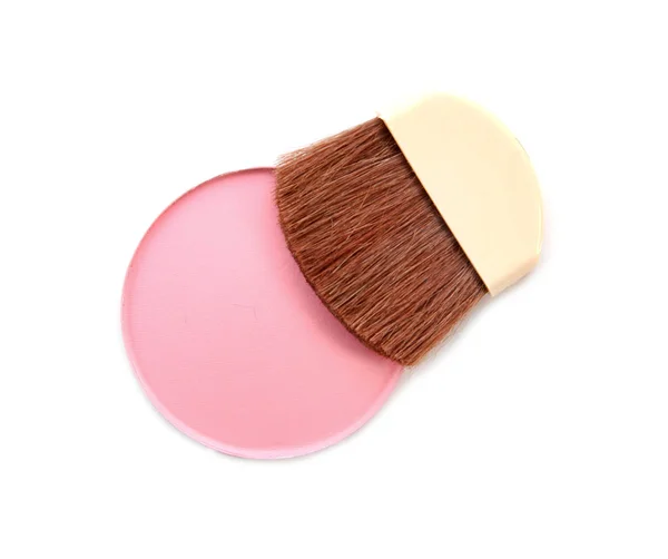 Cosmético pó escova círculo caixa e esmagado blush paleta isolada no branco — Fotografia de Stock