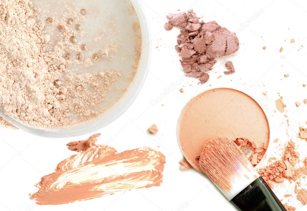 Collage of cosmetics foundation powder on white background. Beauty and makeup concept.
