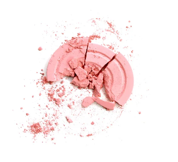 Okrągły różowy proszek rozbił dla tworzą jako próbki produktów kosmetycznych na białym tle — Zdjęcie stockowe