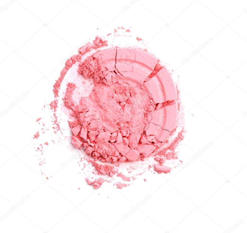Round pink crashed powder for make up as sample of cosmetics product isolated on white background