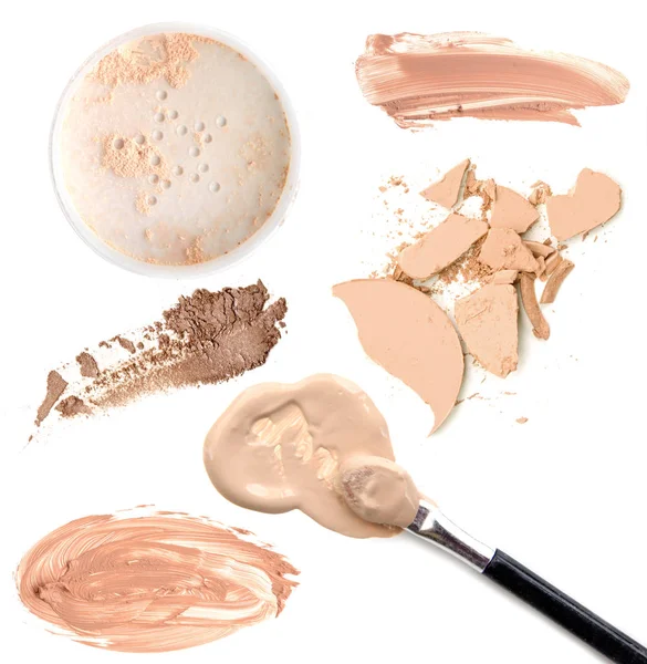 Collage av kosmetika foundation puder på vit bakgrund. Skönhet och makeup koncept. — Stockfoto