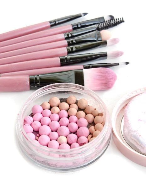 Make-up brushes set with powder balls in box on white. — Stock Photo, Image