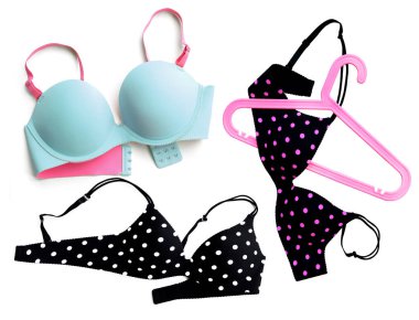 Polka dot sutyen ve üzerinde beyaz izole mavi sütyen
