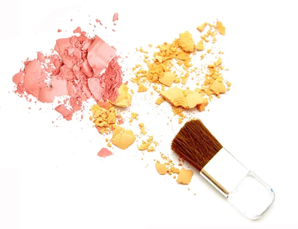 Cosmetic Pink Yellow Powder Make Brush Isolate — Stock Photo, Image