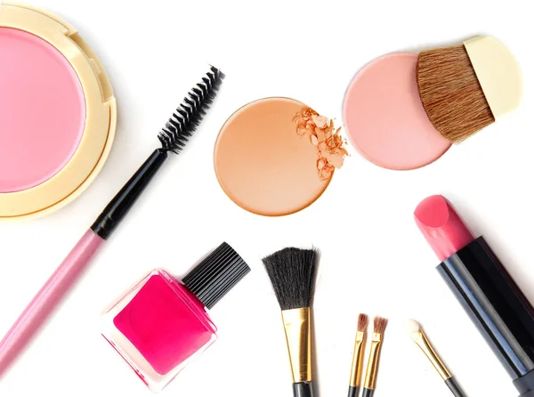 Cosmetica Make Tools Voor Professional Maken Een Bovenaanzicht Een Witte — Stockfoto