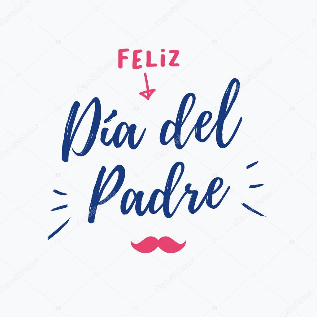 Happy fathers day card with icons mustache. Spanish version. Editable vector design.