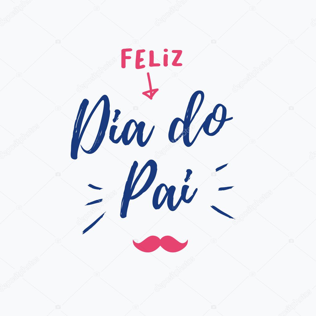 Happy fathers day card with icons mustache. Portuguese version. Editable vector design.