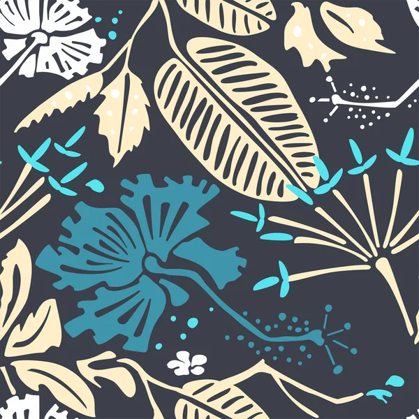 Motif sans couture avec des fleurs tropicales et des feuilles. — Image vectorielle