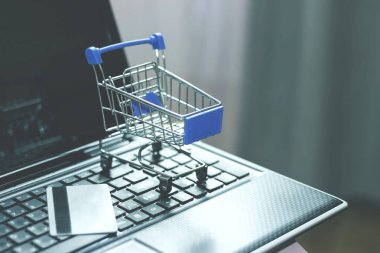 Alışveriş sepeti ve kredi kartı dizüstü bilgisayarda. İnternetten alışveriş, evden alışveriş..