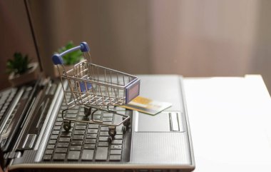 Alışveriş sepeti ve kredi kartı dizüstü bilgisayarda. Çevrimiçi mağaza, ev dükkanı.