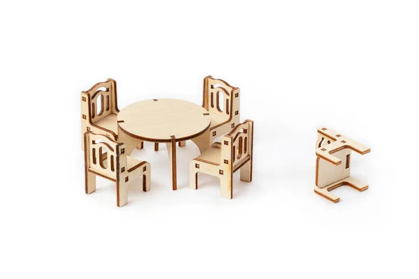 Ensemble Meubles Bois Miniature Jouet Repose Sur Fond Blanc Table — Photo