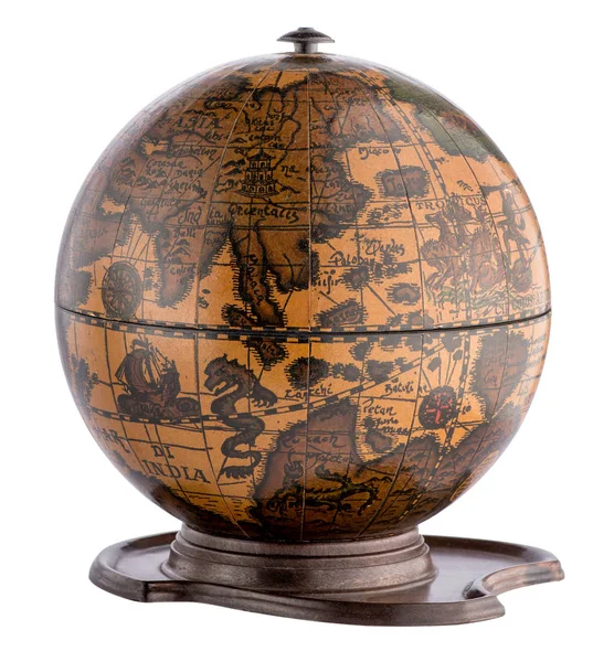 Old wooden terrestrial globe on a plinth Stock Photo