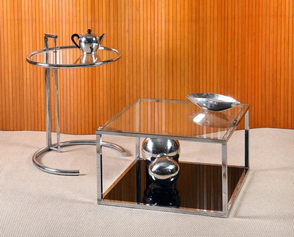 Vintage Glass and Chrome Tables with Deco Objects — Stock Photo, Image