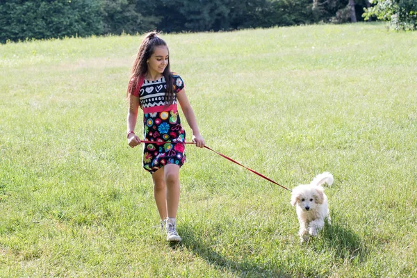 Abbastanza felice bambina che cammina con il suo barboncino — Foto Stock