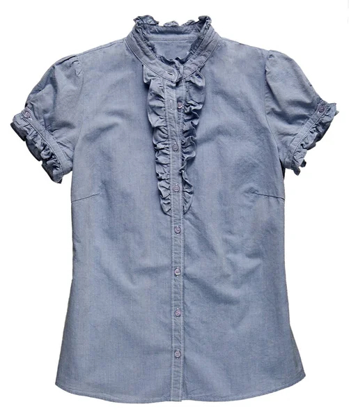 T-shirt in tessuto denim blu con dettaglio volant — Foto Stock
