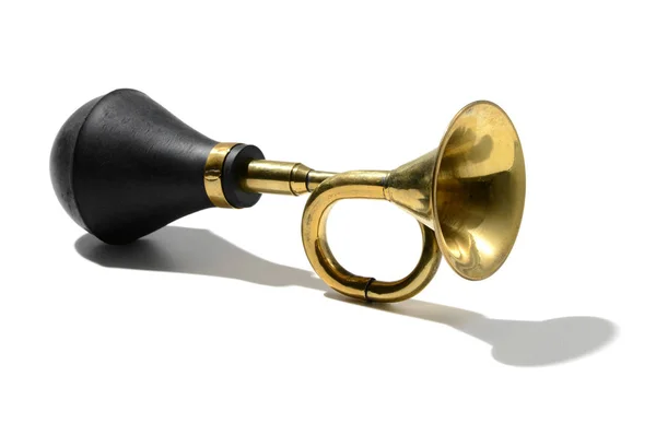 Vintage brass car horn against white background — Stock Photo, Image